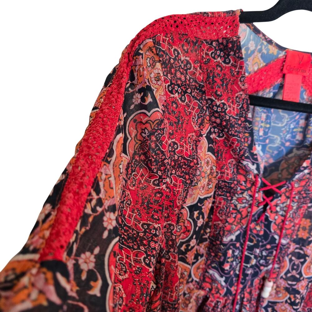 Christina V Sz Large Blouse Boho Cottagecore Peasant Shirt Red Embroidered - Picture 5 of 7